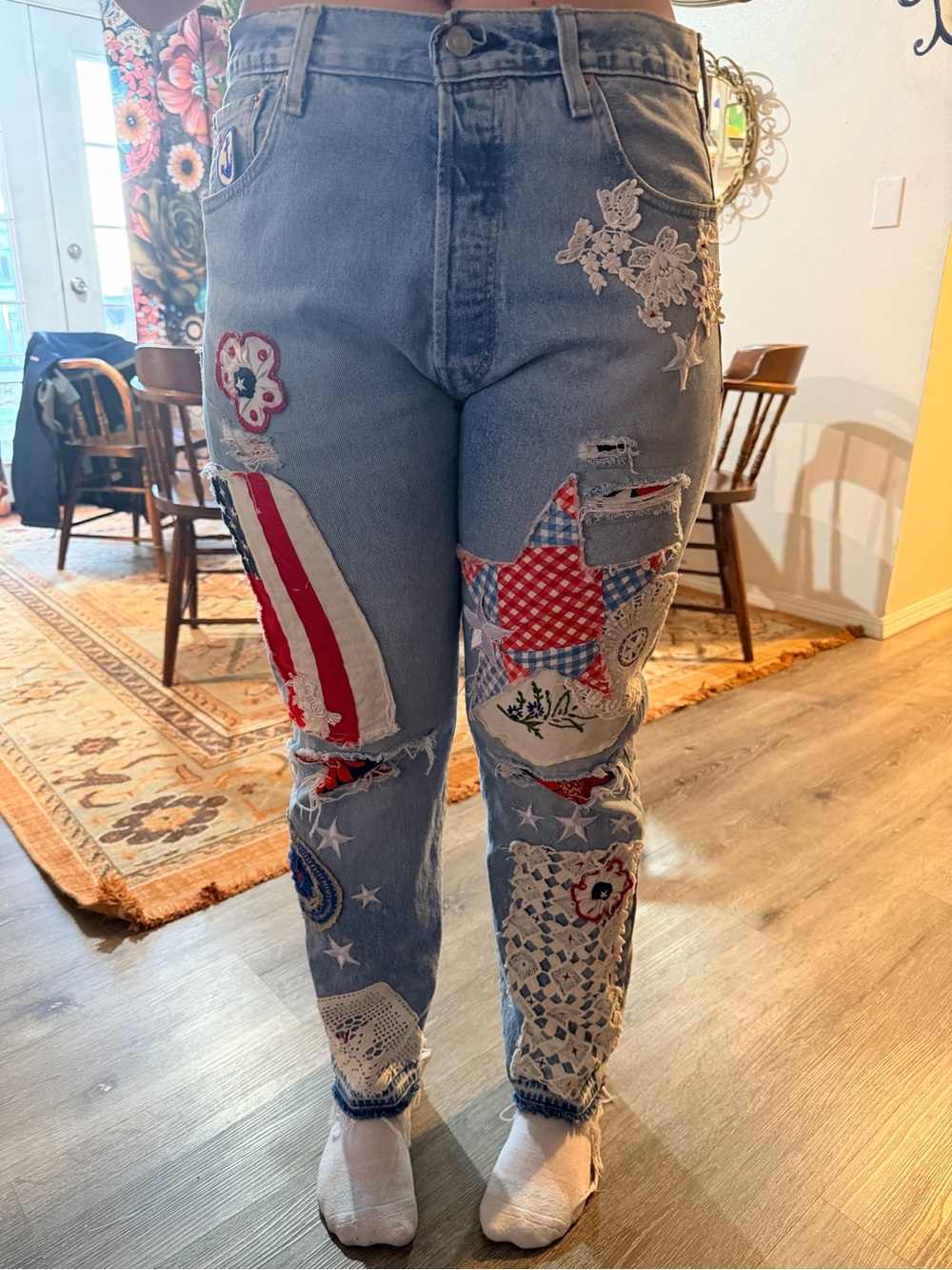 Levi's vintage Light Blue Patchwork Boyfriend Jeans with Red & White Accents